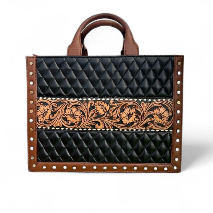 BB Diamond Lattice Tote | Tooled & Quilted Leather Western Handbag