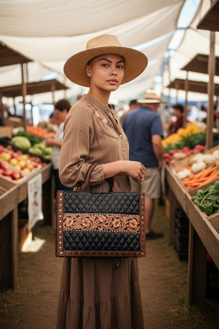 BB Diamond Lattice Tote | Tooled & Quilted Leather Western Handbag
