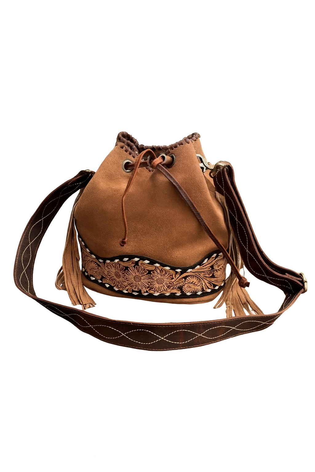 The Desert Bloom Bucket Bag - Suede and Tooled Leather
