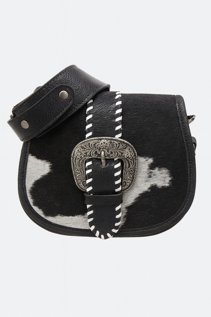 The Saddled Buckle Crossbody – Tooled Leather and Cowhide
