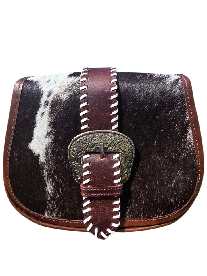 The Saddled Buckle Crossbody – Tooled Leather and Cowhide