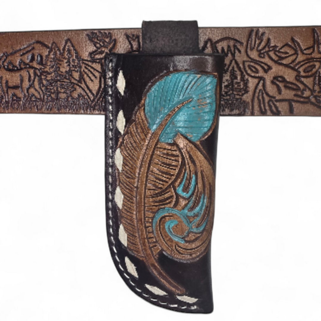 Tooled Leather Knife Sheath - Feather Collection