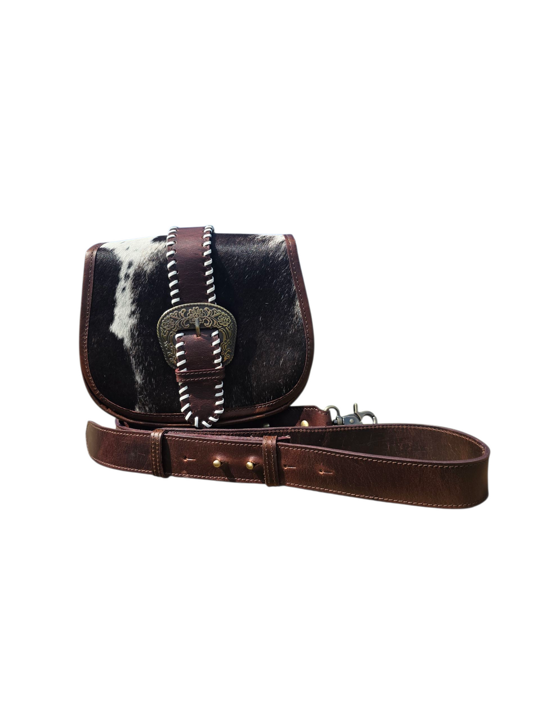 The Saddled Buckle Crossbody – Tooled Leather and Cowhide
