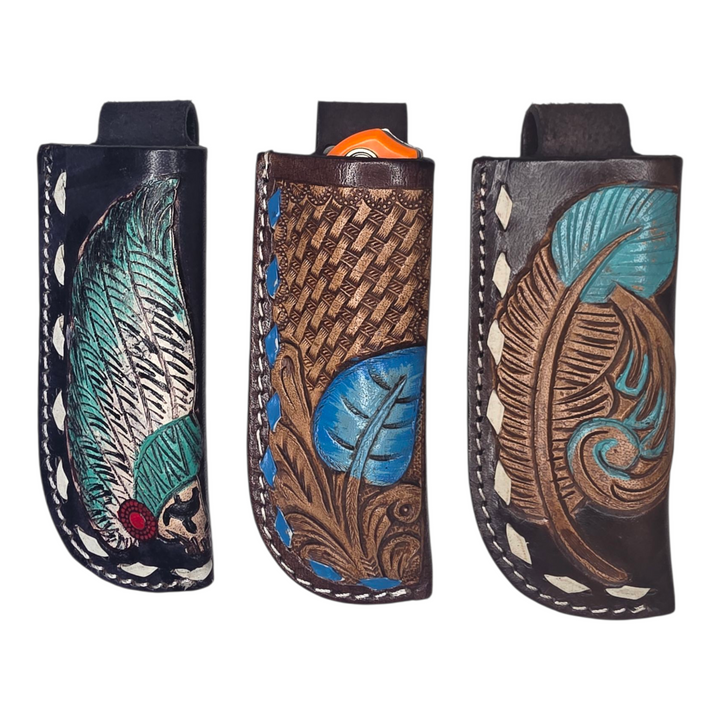 Tooled Leather Knife Sheath - Feather Collection