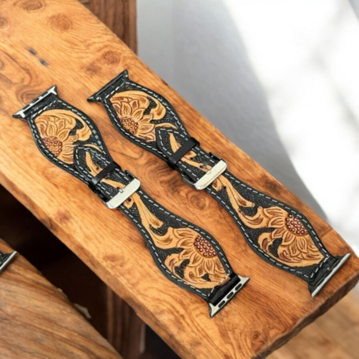 BB Sunflower Trail Painted Watch Band | Handcrafted Western Leather Strap